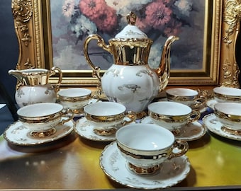 Vintage Antique German Bavaria Mitterteich Golden Porcelain Coffee Set/ Tea set, Coffee Cups/ Tea cups, Coffee Saucers.