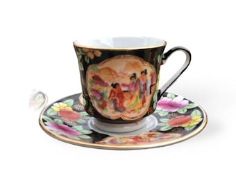 Antique Satsuma Tea Cups and Saucers: Geisha Courtyard Scene