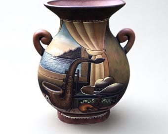 Da Jing Tao Yi Pottery Vase, 3D Relief Seascape, Art Deco Decor