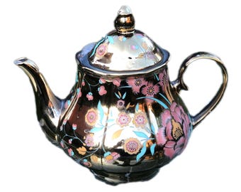 Vintage Teapot of Gold Fine China Porcelain, Pattern of Flowers, Tea Pot Party