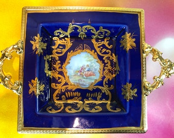 Vintage Royal Garden Porcelain Trinket Dish, Cobalt Blue & Gold Italy