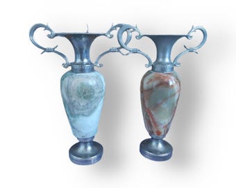 Antique Onyx Amphora Vases, Handmade Greek Decor, Pair