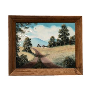 Grande peinture à l'huile originale de 21 po. encadrée, peinture de paysage, peinture vintage avec cadre en bois marron, belle scène de campagne, peinture sur toile