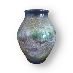 May include: A ceramic vase with a mottled brown, green, and white glaze. The vase has a rounded body and a narrow neck. The glaze has a textured finish, giving the vase a rustic look.