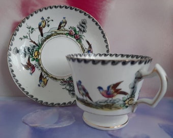 Vintage Royal Stafford Teacup and Saucer, Bone China, Bird & Flower, Gold Trim