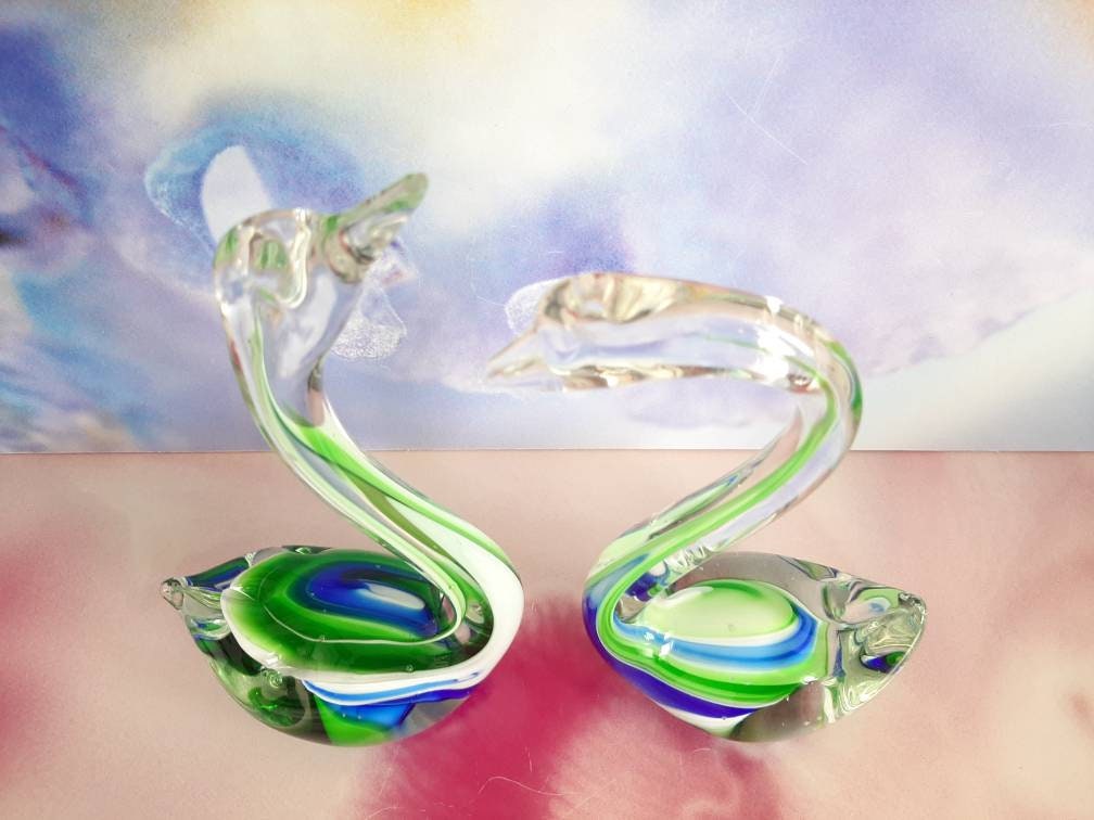 Murano Glass Swan Art Glass Green and Blue Clear Decor Etsy
