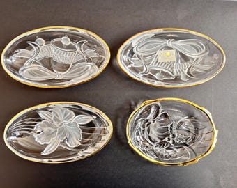 Set of 4 Vintage Studio Nova Crystal Bowls, Frosted Floral Etched Gold Rim