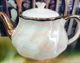 Antique Sudlow's Burslem Pearlescent Tea Pot Lusterware Gilded Gold Trim Teapot circa 1900
