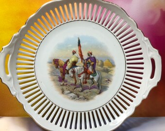 Antique Reticulated Porcelain Bowl: Two Horse Riders, Floral Gold Trim
