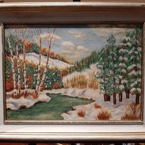 Acrylic Painting, Vintage Wall Art, Original Painting, Winter Landscape, Wood Frame, Snow Mountain Painting
