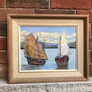 Vintage Sailboat and Seascape Original Oil Painting Minimalist PAINTING Framed and Signed Coastal Wall Art Beachhouse Decor Seaside Art