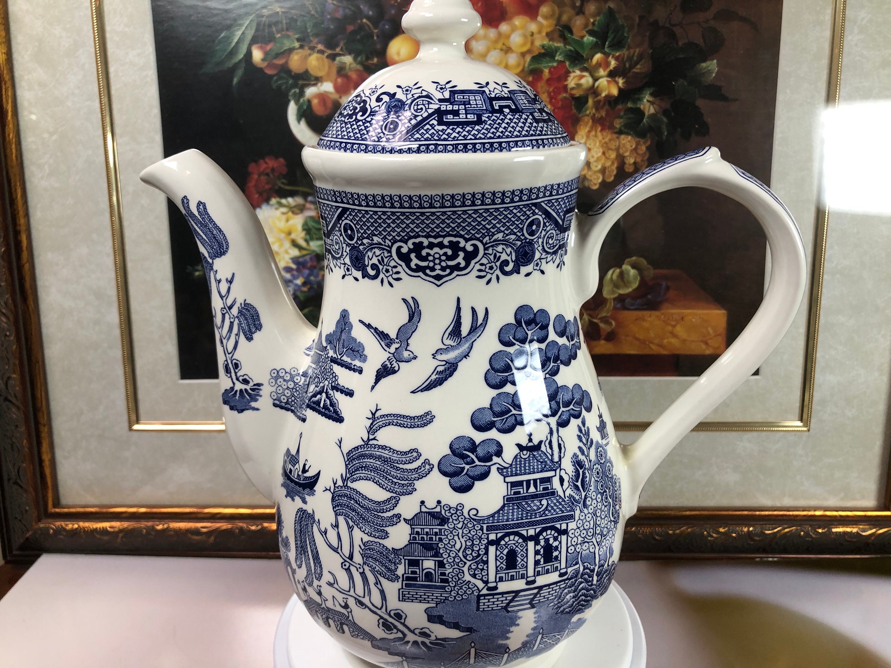 Blue Willow Dishes, Unique Teapot, Delft Blue, Calamityware :Things Could Be Worse Porcelain Chinaware, Antique Art Mugs, Teapot+Sugar & Creamer+4