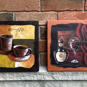 Handmade Painting Original Oil Painting Still Life with Coffee and Wine Motif, Original Painting Unframed, No Artist Signed, Set of 2