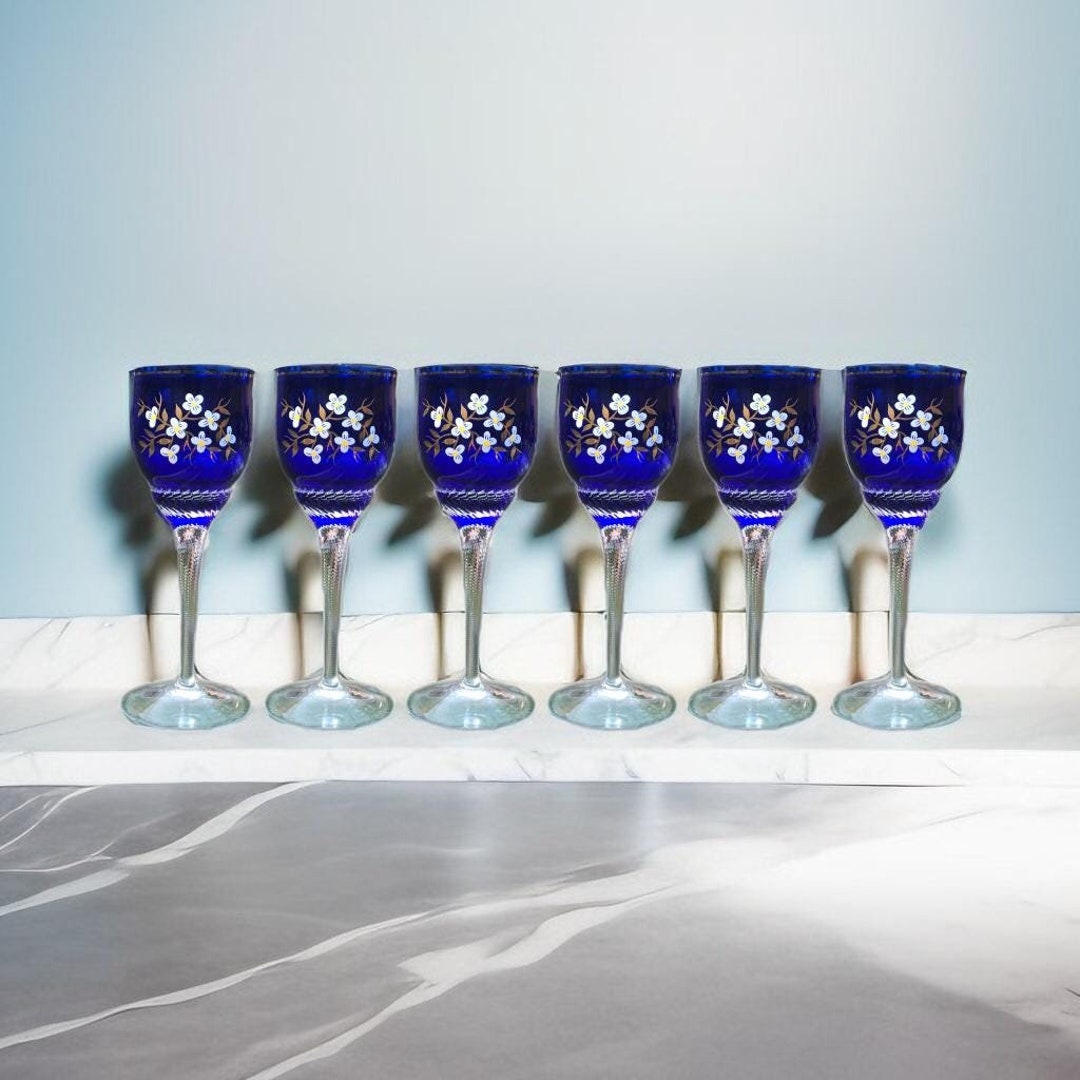 Blue Crystal Wine Glasses Set of 6 Luxury Brand 5" Vintage Bohemian ...