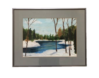 Vintage Oil Original Landscape Painting Framed Behind Glass, Winter Scene, Painting on Cardboard
