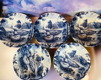 Blue Willow China, Antique Ridgway Blue and White dessert bowls, Soup bowls, cereal bowls, transferware, chinoiserie,  England, c1930