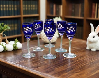 Vintage Bohemian Blue Crystal Wine Glasses, Set of 6