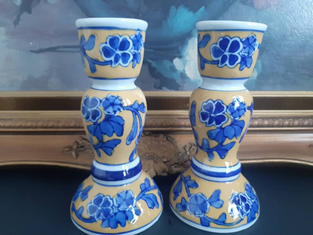 Vintage Blue and Yellow Candle Holders Pattern of Blue Roses Etsy