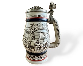 Vintage Avon Beer Stein, Pewter Lid, Ford Cars, 1980s