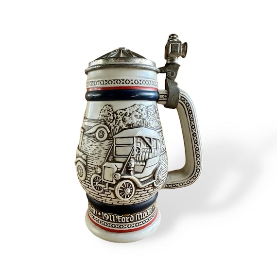 Vintage Avon Beer Stein, Pewter Lid, Ford Cars, 1980s