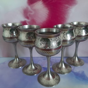 Vintage Exquisite Chalice Goblet Wine Glasses, Shot Glasses, Set of 5,  Engraved Birds and Flower Pattern, Made in India