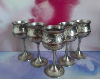 Vintage Engraved Chalice Goblet Set, Birds and Flowers, Made in India