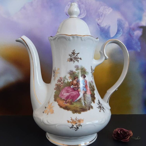 Grande théière vintage de 10 po., cafetière, Winterling Röslau Bavaria Allemagne Fragonard, scène de cour victorienne, bordure dorée, théière Demitasse