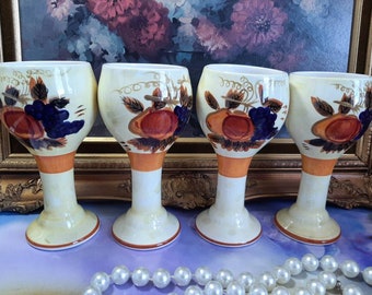 Glazed Ceramic Goblets with Floral Pattern, Vintage Goblets, Chalice Goblets, Minialist Design, Flower Goblet Glasses,  Set of 4
