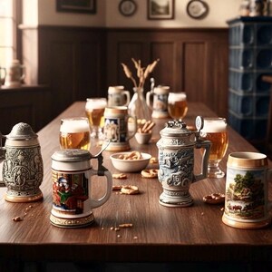 May include: A collection of decorative beer steins with pewter lids and detailed artwork, alongside glasses of beer and snacks, arranged on a wooden table. The steins feature various scenes and designs.