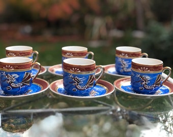 Blue Dragonware Vintage Japanese Moriage Demitasse Tea Cup & Saucer with Geisha Lithopane Mini Teacup  Espresso Cup Coffee Cup Gift Idea