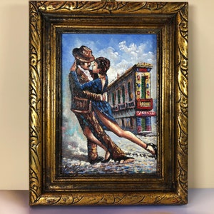 Framed Vintage Original Oil Painting On Canvas Board Title "Tango En Caminito"  Signed by Argentine Artist F. Panarisi, Latin South American