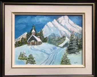 Artist Signed Vintage landscape Painting, Winter Cottage Original Oil Painting, Moody Winter Landscape, Wood Framed, Farmhouse Wall Decor