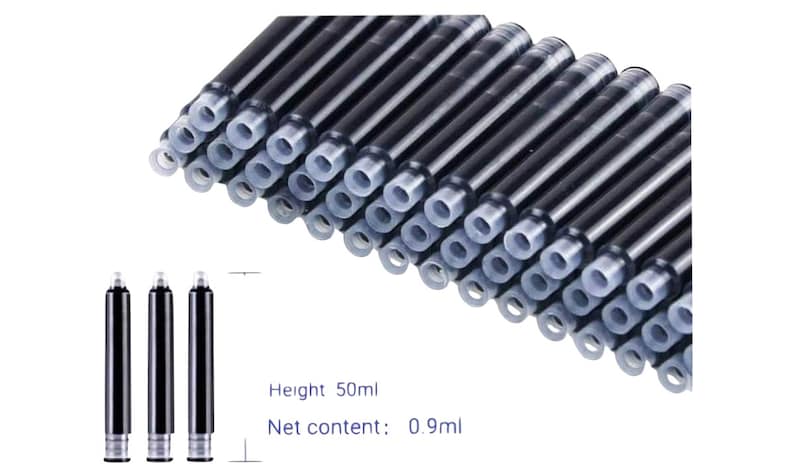 Pu&ograve; includere: Un pacchetto da 50 cartucce d'inchiostro nero per penne stilografiche. Ogni cartuccia contiene 0,9 ml di inchiostro. Altezza: 50 ml. Contenuto netto: 0,9 ml.