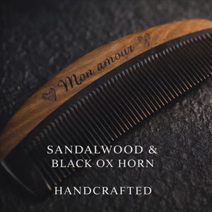 Personalized Ox Horn and Sandalwood Slim Curved Comb – Natural Anti-Static Beard and Hair Comb – Handmade Eco Friendly Gift