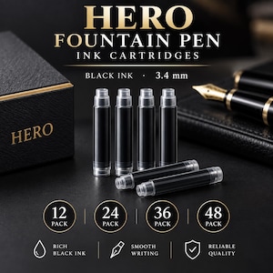 May include: Hero fountain pen ink cartridges with black ink and a 3.4 mm bore size. The set includes clear plastic cartridges filled with black ink, presented with a black box labeled Hero and options for 12, 24, 36, or 48 pack quantities.