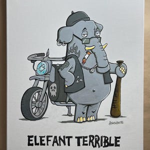 Caricatura original "Elefante terrible" (acrílico sobre lienzo) de Michael Holtschulte | Muerto pero divertido