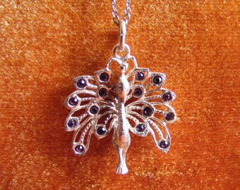 Vintage Sterling Silver Necklace with a Sterling Silver Crystal set Peacock Pendant