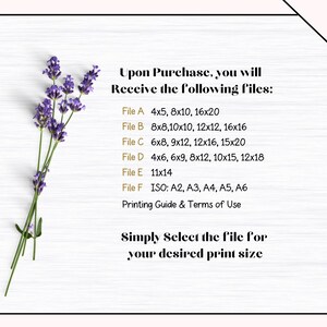 May include: A white background with a lavender sprig and text that reads "Upon Purchase, you will Receive the following files:" followed by a list of file names and sizes, including 4x5, 8x10, 16x20, 11x14, and ISO: A2, A3, A4, A5, A6. The text also reads "Simply Select the file for your desired print size".