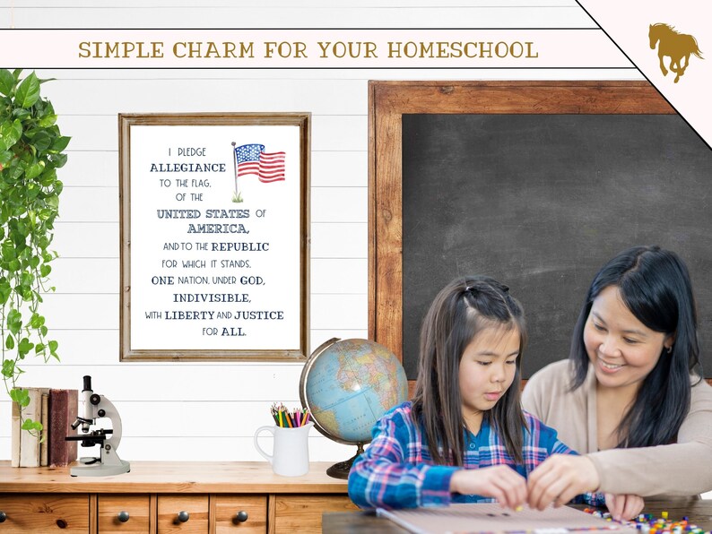 May include: A framed print with the Pledge of Allegiance text and an American flag illustration. A globe, a microscope, and a white pitcher with pencils are on a wooden shelf. A mother and daughter are sitting at a table, working on a craft project.