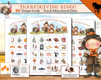 Pode incluir: Um conjunto de três cartões de bingo de Ação de Graças com uma ilustração de peregrino de desenho animado. Os cartões apresentam imagens de perus, abóboras, chifres da abundância e outros itens com tema de Ação de Graças. Os cartões são projetados para um jogo divertido e educativo.