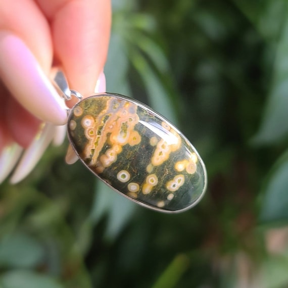 Orbicular Ocean jasper pendant.  Sterling silver