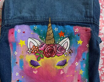 Personalised Hand Painted Denim Jacket. Unicorn Jacket, Flamingo Clothes, Glitter, 13th birthday gift, Custom Denim Jacket, Denim Art