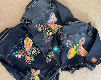 Personalised Hand Painted Denim Jacket. Flowers, Butterfly, Floral Design, Matching Clothes, Mother’s Day gift, Custom Denim Jacket,