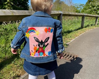 Personalised kids denim jacket. Cbeebies, character art, denim art, Bing bunny, Cbeebies land, custom denim jacket kids, first birthday gift