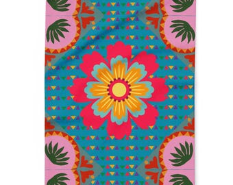 Colorful Floral Fleece Blanket, Maximalist Decor Throw