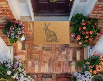 Vintage Bunny Doormat – Rabbit Coir Front Porch Mat – Easter & Spring Outdoor Decor