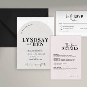 Hochzeitseinladungs-Vorlage | Moderne Bogen Einladung, Details, Antwortkarte | Digitale, anpassbare, druckbare Vorlage | Bearbeitet mit Canva