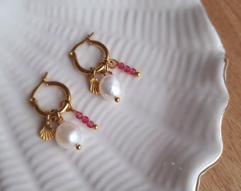 Mini shell hoop earrings, colored glass beads and freshwater pearls