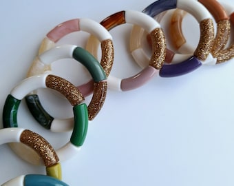 Bracelet jonc élastique en perles tubes incurvés