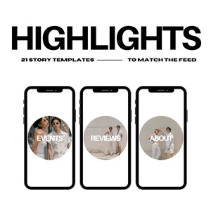 May include: Three smartphones displaying Instagram story highlight covers. The word "HIGHLIGHTS" is at the top, with "21 STORY TEMPLATES TO MATCH THE FEED" below. Each phone shows a different photo with text: "EVENTS", "REVIEWS", and "ABOUT".